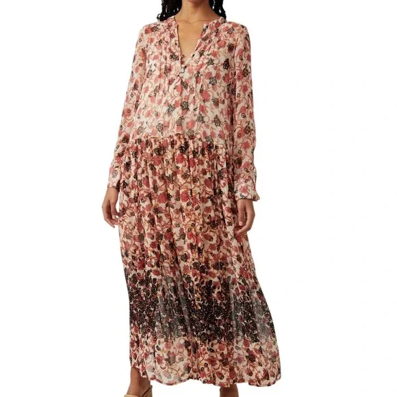 Free People See It Through Long Sleeve Floral Maxi Dress Size Small Bohemian - Picture 1 of 16